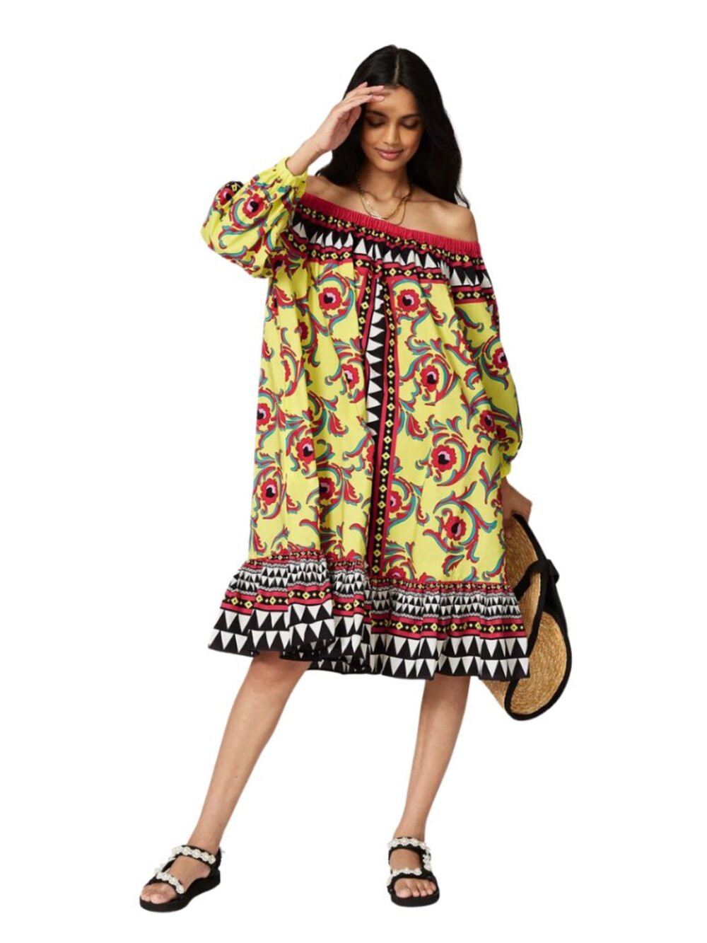 La DoubleJ Paloma Dress – Cherry Paisley & Mod Geo Print Off-Shoulder Shift XS-L